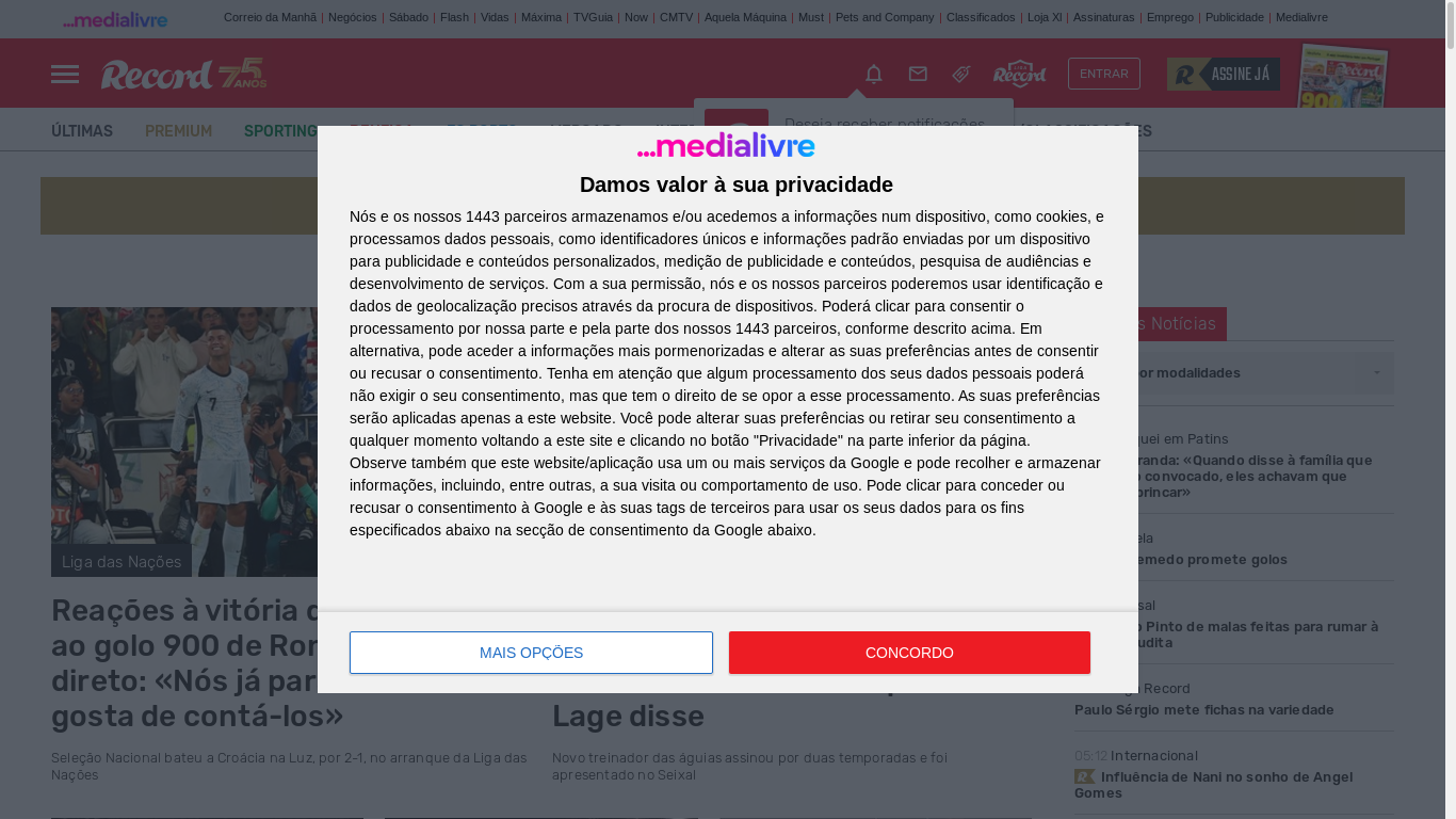 the desktop screenshot of www.record.pt