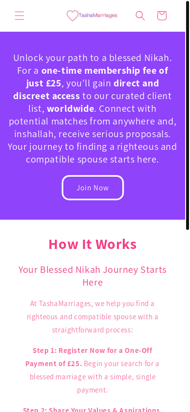 the mobile screenshot of www.tashamarriages.com