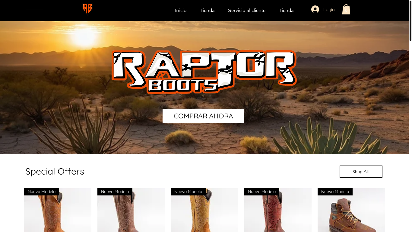 the desktop screenshot of www.raptorboots.mx