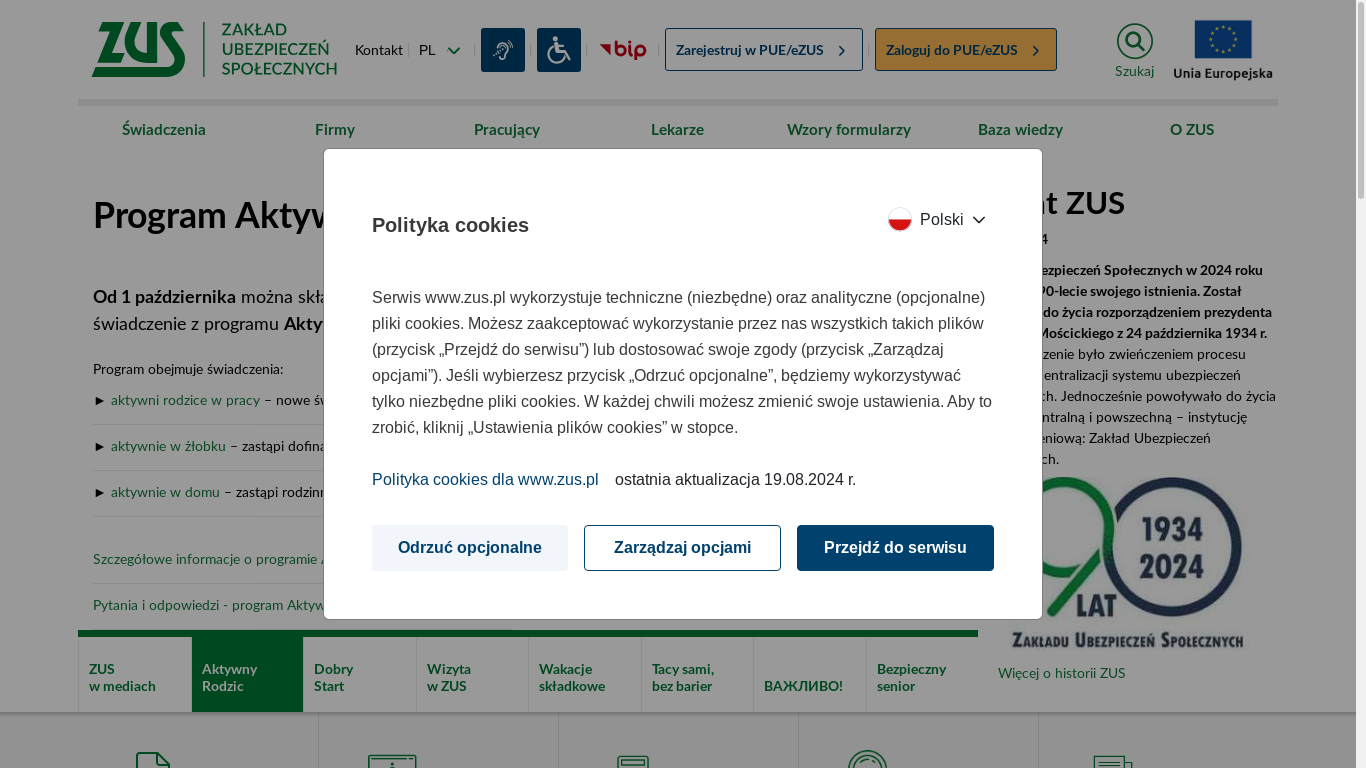 the desktop screenshot of www.zus.pl