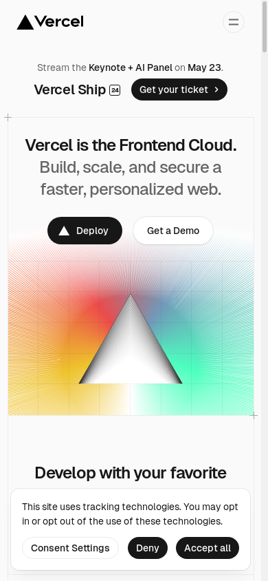 the mobile screenshot of vercel.com