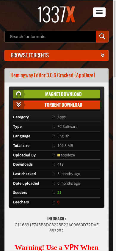 the mobile screenshot of 1337x.to
