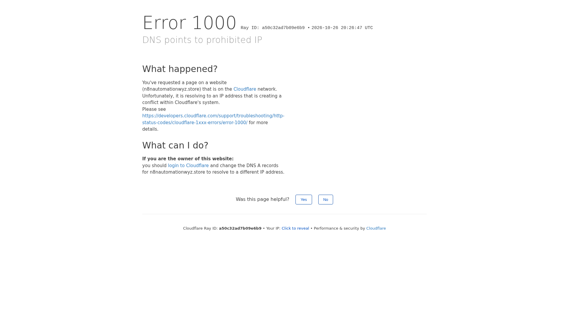 DNS points to prohibited IP | n8nautomationwyz.store | Cloudflare - URL ...