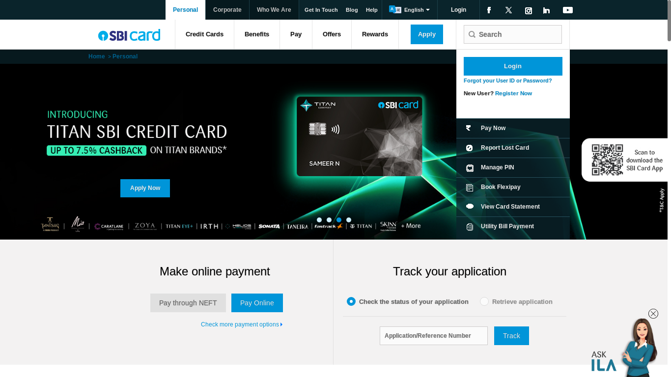 the desktop screenshot of www.sbicard.com