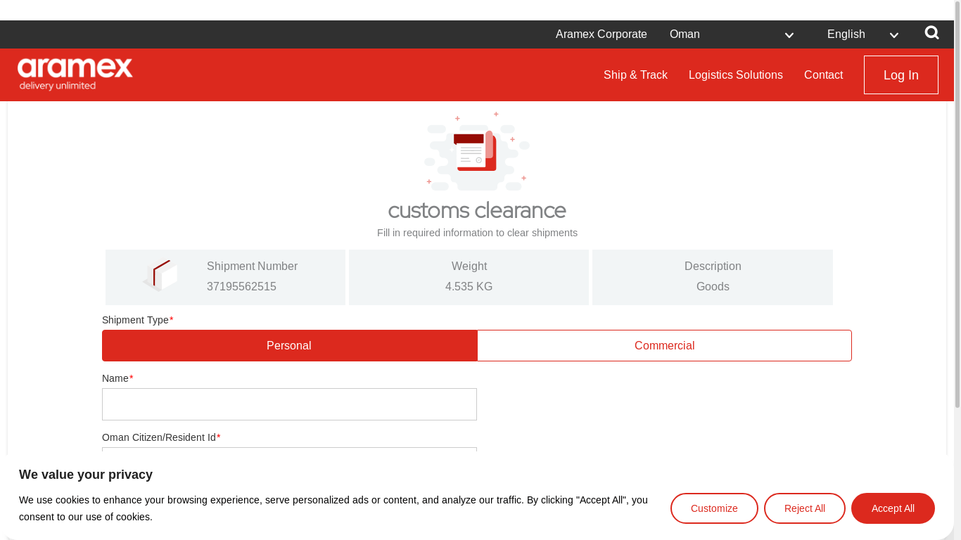 the desktop screenshot of www.aramex.com