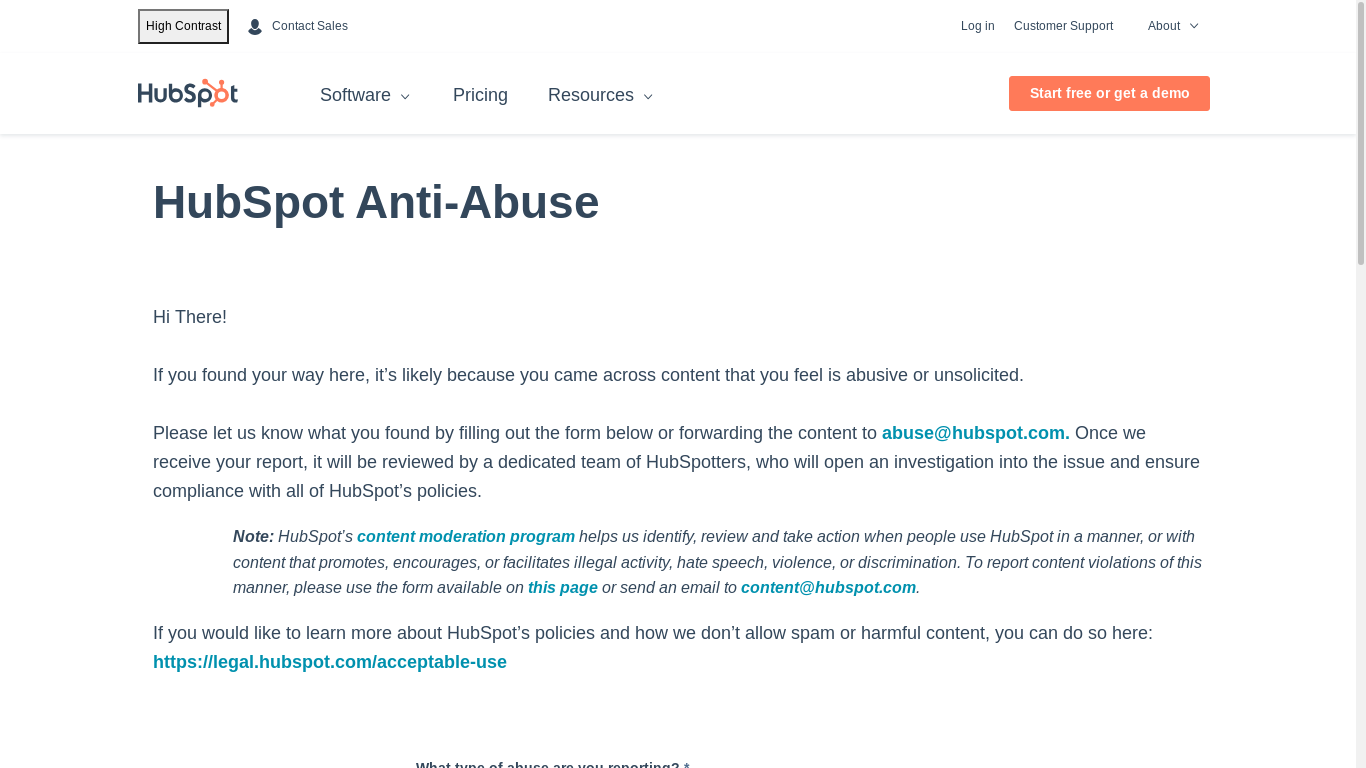 the desktop screenshot of policy.hubspot.com