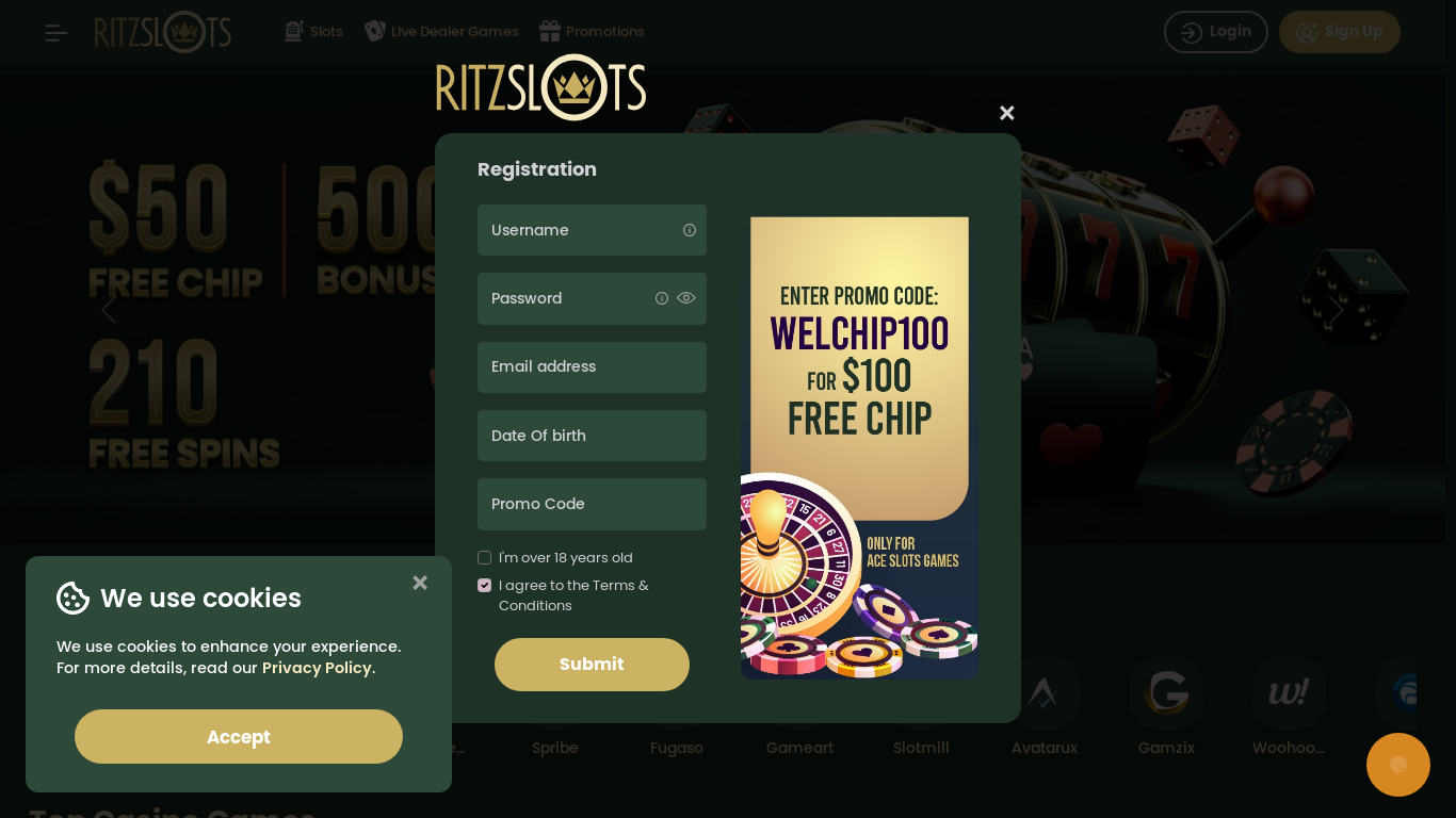 the desktop screenshot of www.ritzslots.com