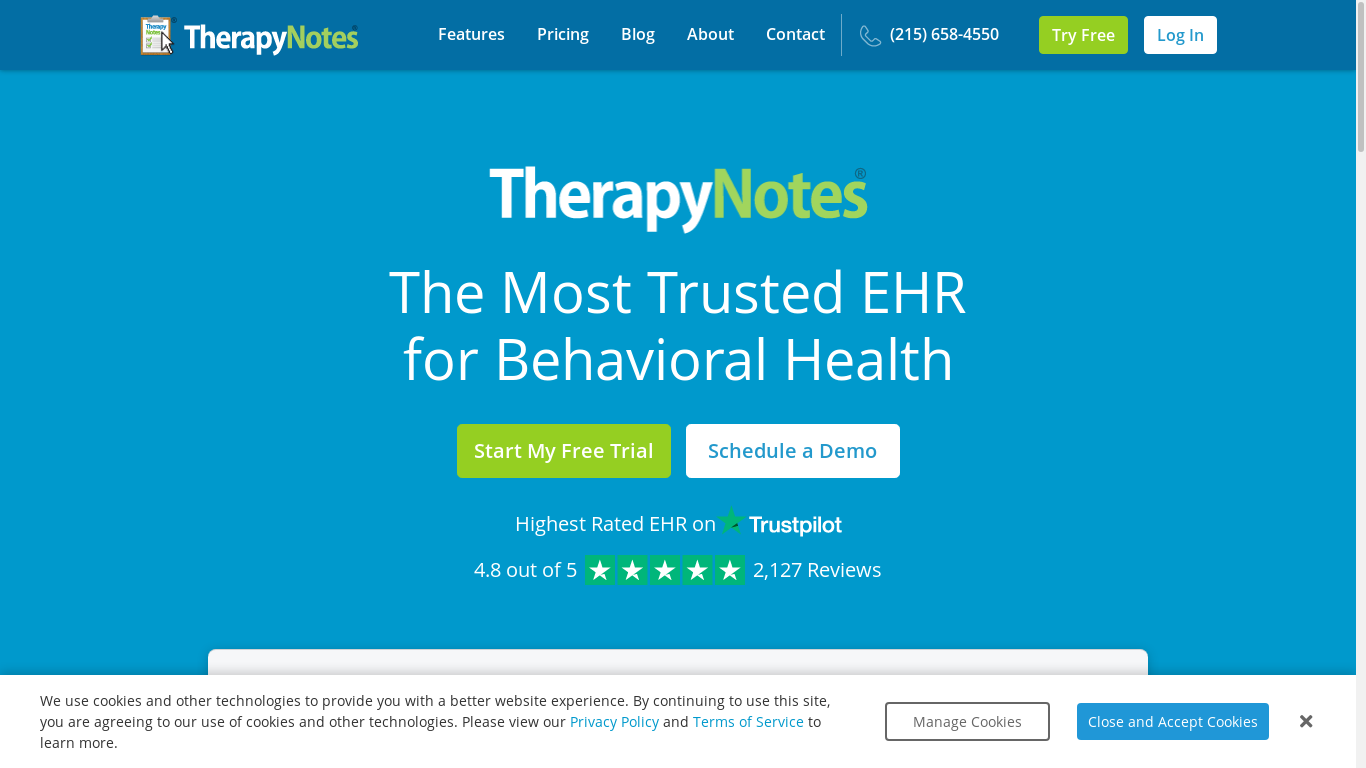 the desktop screenshot of www.therapynotes.com