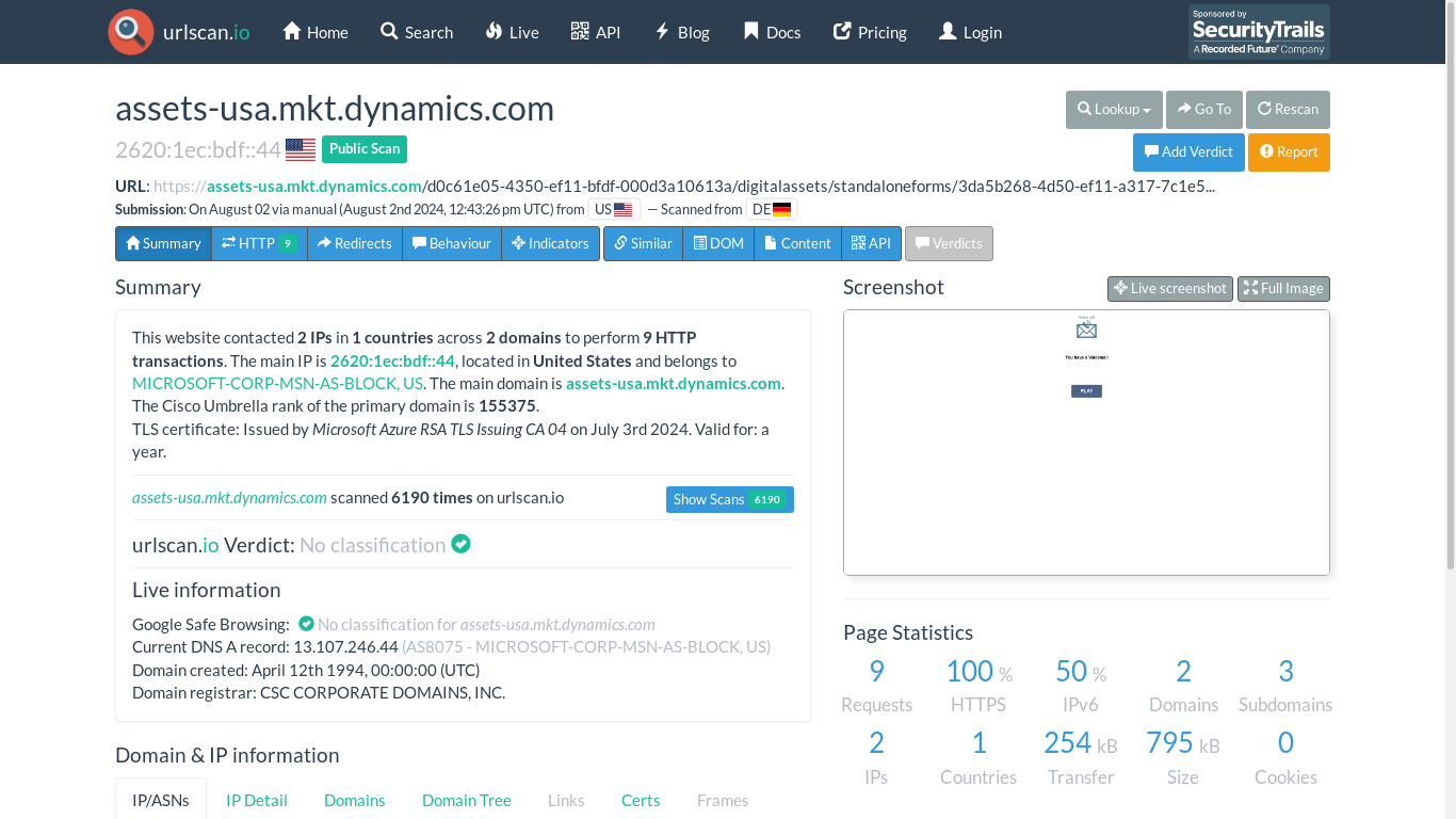 the desktop screenshot of urlscan.io
