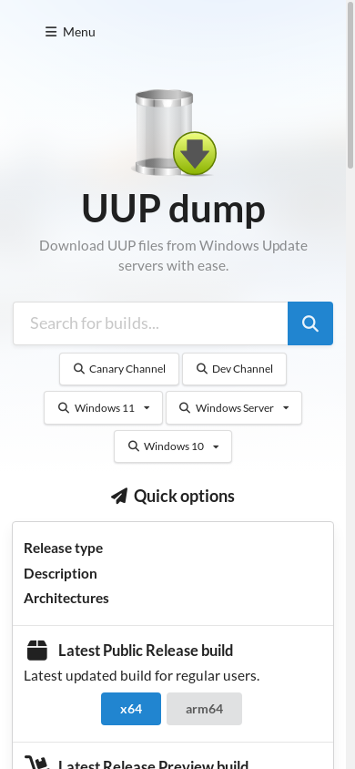 the mobile screenshot of uupdump.net