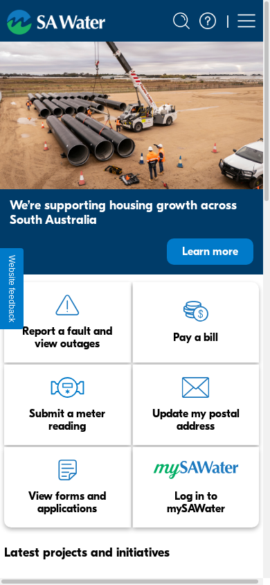 the mobile screenshot of www.sawater.com.au
