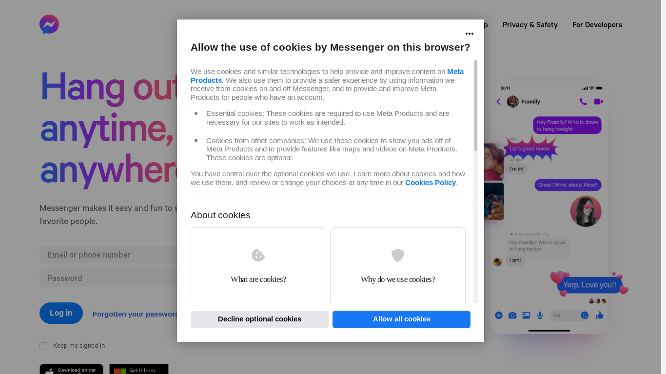 the desktop screenshot of www.messenger.com