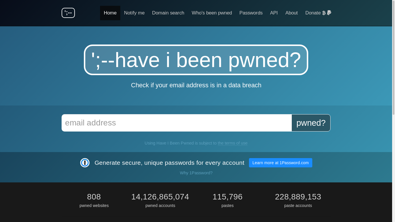 the desktop screenshot of haveibeenpwned.com