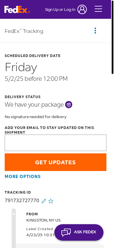 the mobile screenshot of www.fedex.com