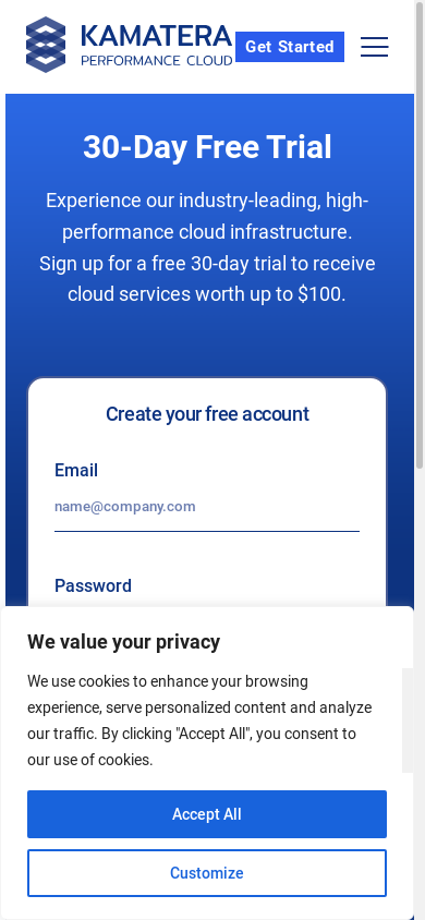 the mobile screenshot of www.kamatera.com