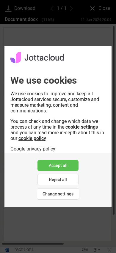 the mobile screenshot of www.jottacloud.com