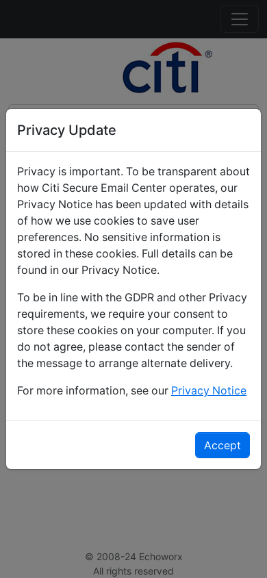 the mobile screenshot of securemailcenter.citigroup.com