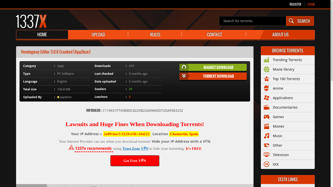 the desktop screenshot of 1337x.to
