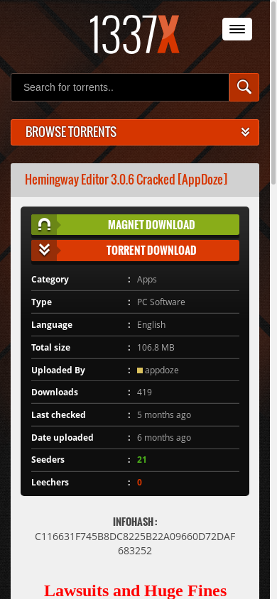 the mobile screenshot of 1337x.to