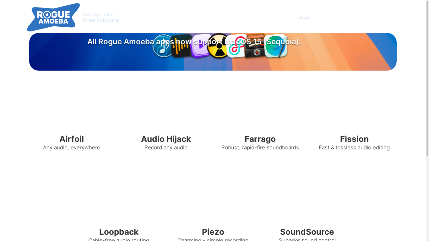 the desktop screenshot of www.rogueamoeba.com