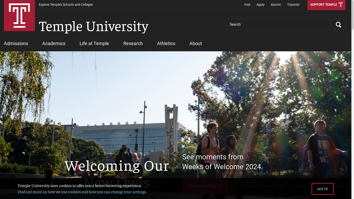 the desktop screenshot of www.temple.edu